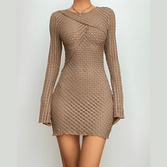 Crewneck long sleeve textured stitch ruffle solid mini dress