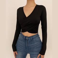 Cross front ruched solid v neck long sleeve crop top