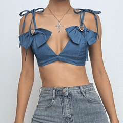 Bowknot v neck denim knotted button cami top