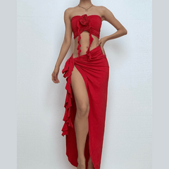 Flower applique ruffle high slit ruched tube skirt set