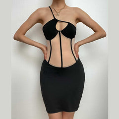 Mesh patchwork hollow out corset one shoulder irregular backless cut out mini dress