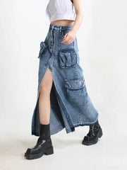 Cargo Split Denim Midi Skirt