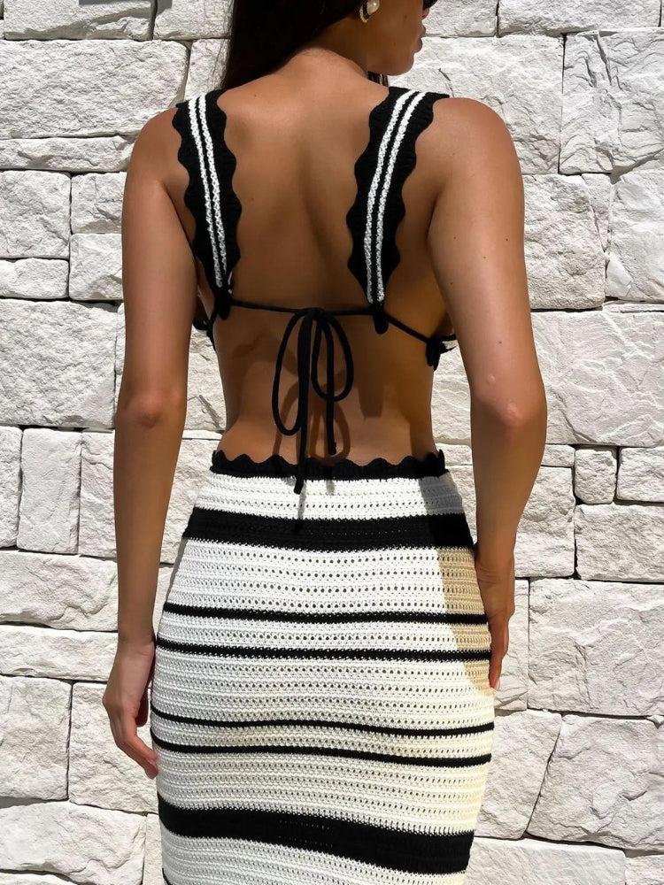 Crochet Striped Crop Top & Maxi Skirt Two Piece Set