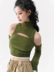 Cut Out Fluffy Crop Sweater Top