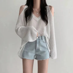 Cut-Out Shoulder Loose Knit Sweater