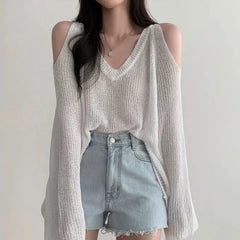 Cut-Out Shoulder Loose Knit Sweater