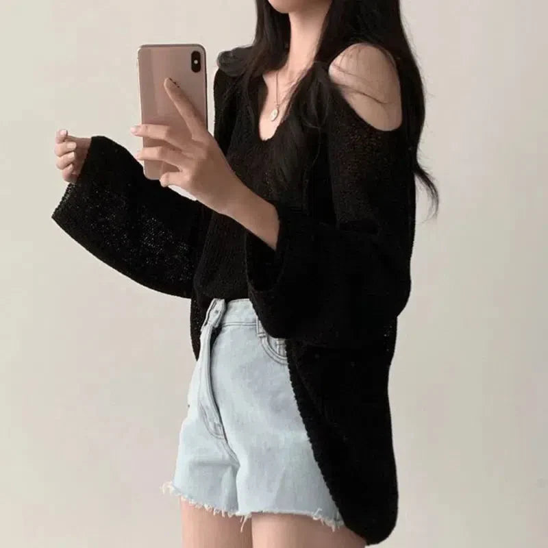 Cut-Out Shoulder Loose Knit Sweater