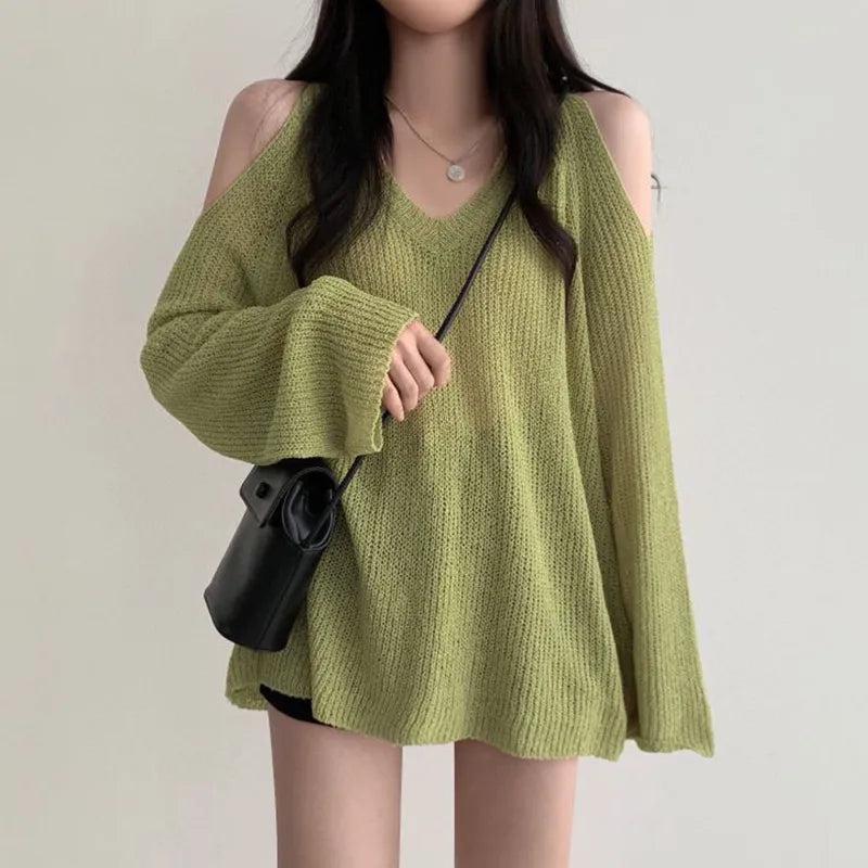 Cut-Out Shoulder Loose Knit Sweater