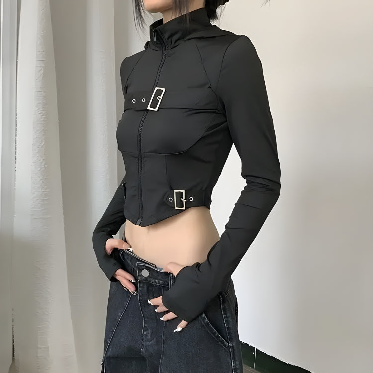 Cyberpunk Belted Zip-Up Crop Jacket