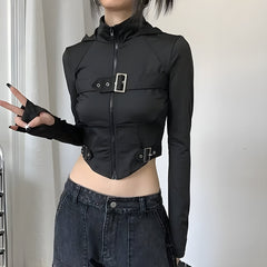 Cyberpunk Belted Zip-Up Crop Jacket