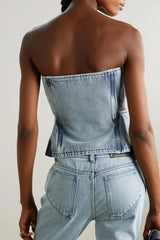 Denim Cut Out Tube Top & Patch Jeans Two Piece Set