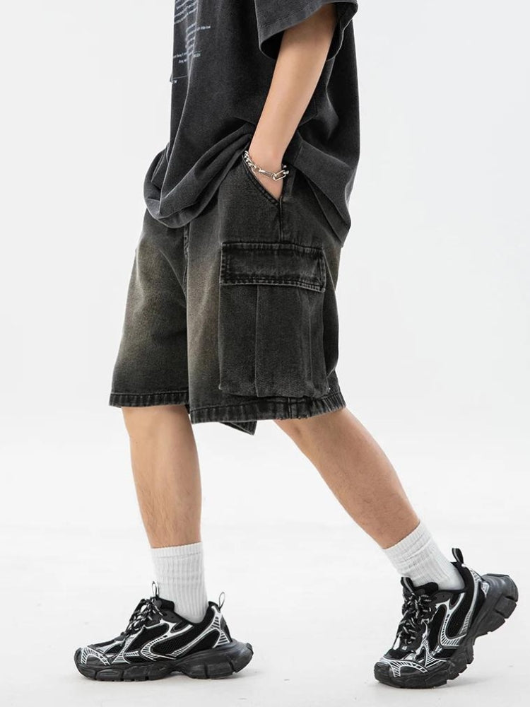 Denim Drawstring Wide Leg Cargo Shorts