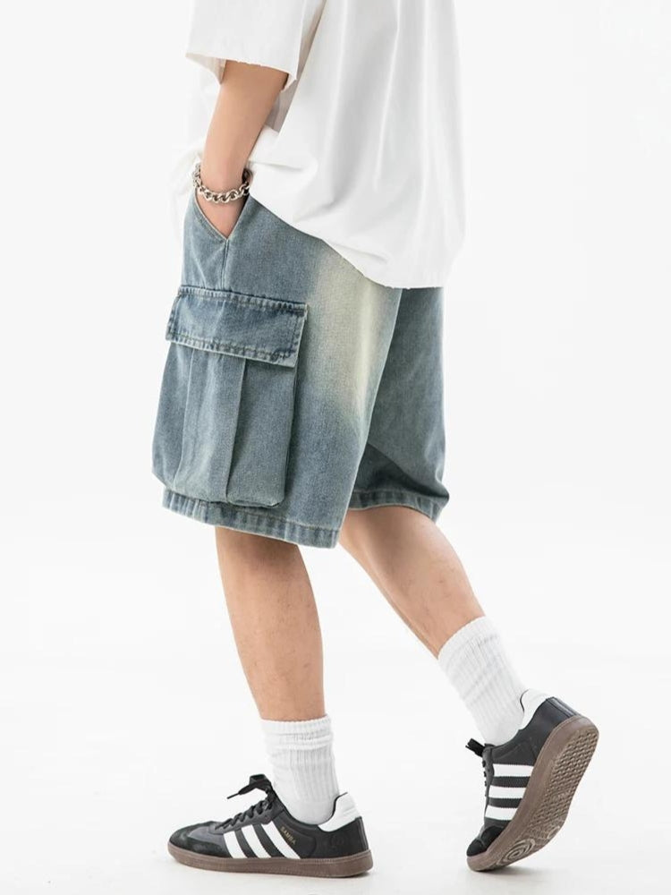 Denim Drawstring Wide Leg Cargo Shorts