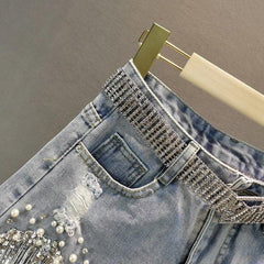 Disco Cowgirl Rhinestone Fringe Denim Shorts