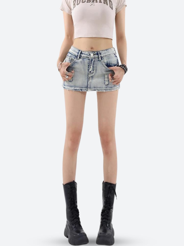 Distressed Low Rise Mini Skirt