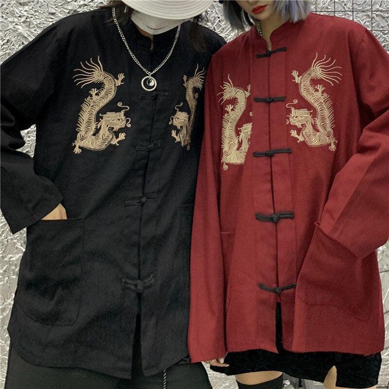 Dragon Embroidery Mandarin Collar Shirt