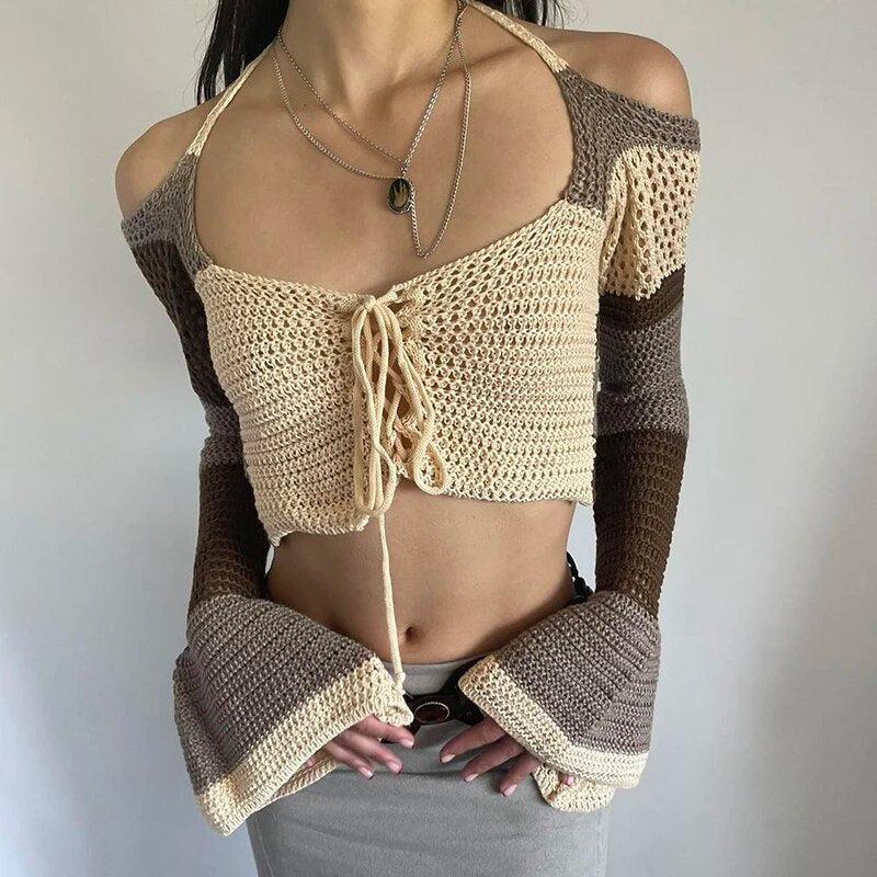 Flared Sleeve Crop Crochet Sweater