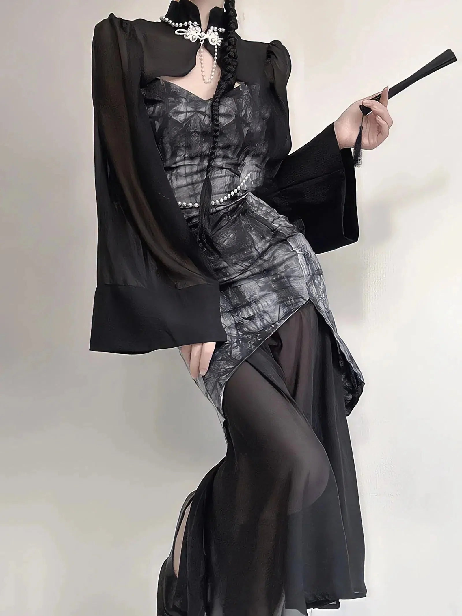 Goth Wide Sleeve Qipao Midi Dress