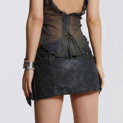 Grunge Cross Belt Faux Leather Mini Skirt