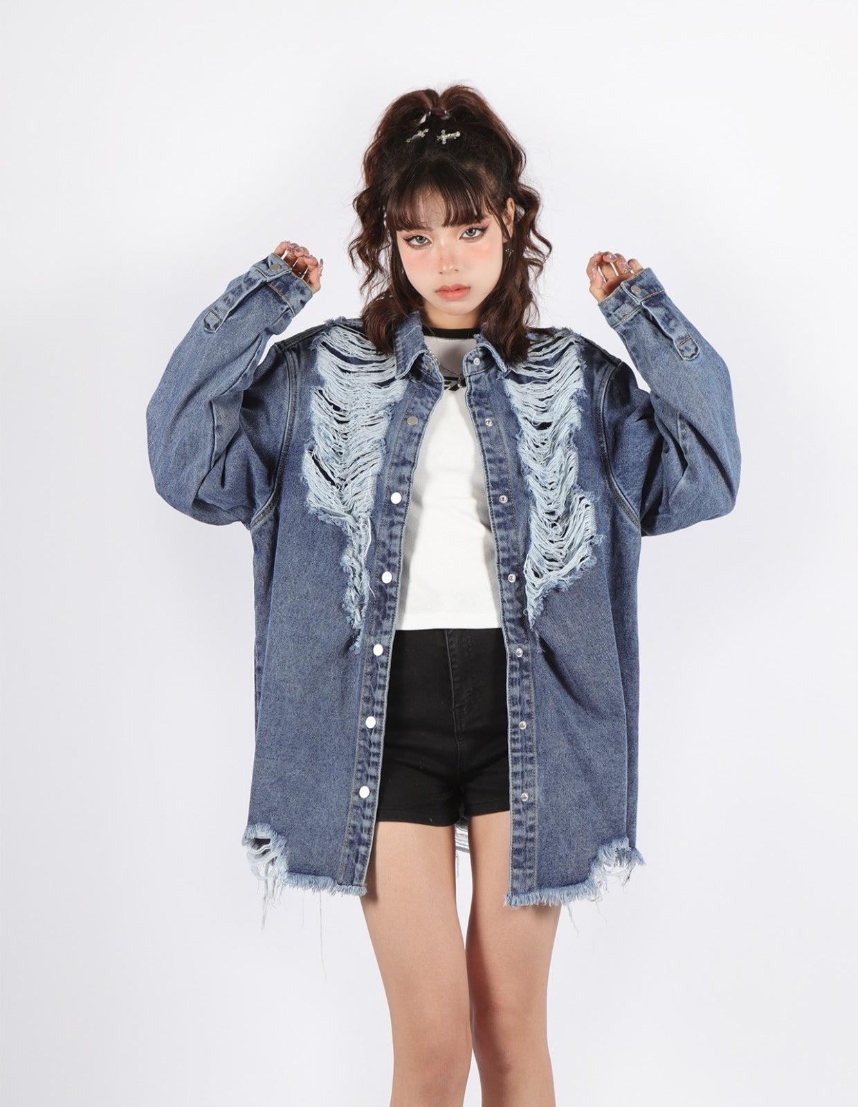 Grunge Distressed Long Denim Jacket