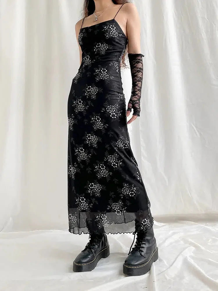 Grunge Floral Mesh Midi Dress