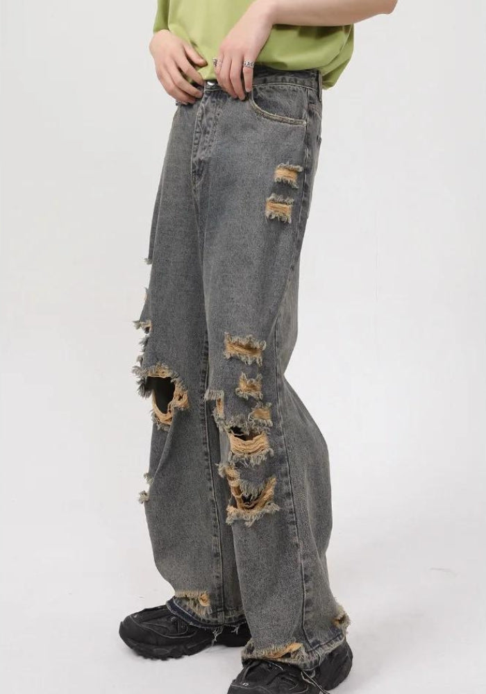 Grunge Ripped Straight Leg Jeans