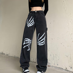 Grunge Skeleton Hand Printed Jeans