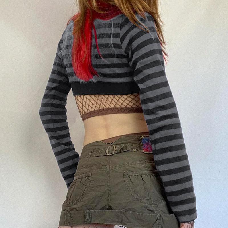 Grunge Striped Button-Up Crop Top