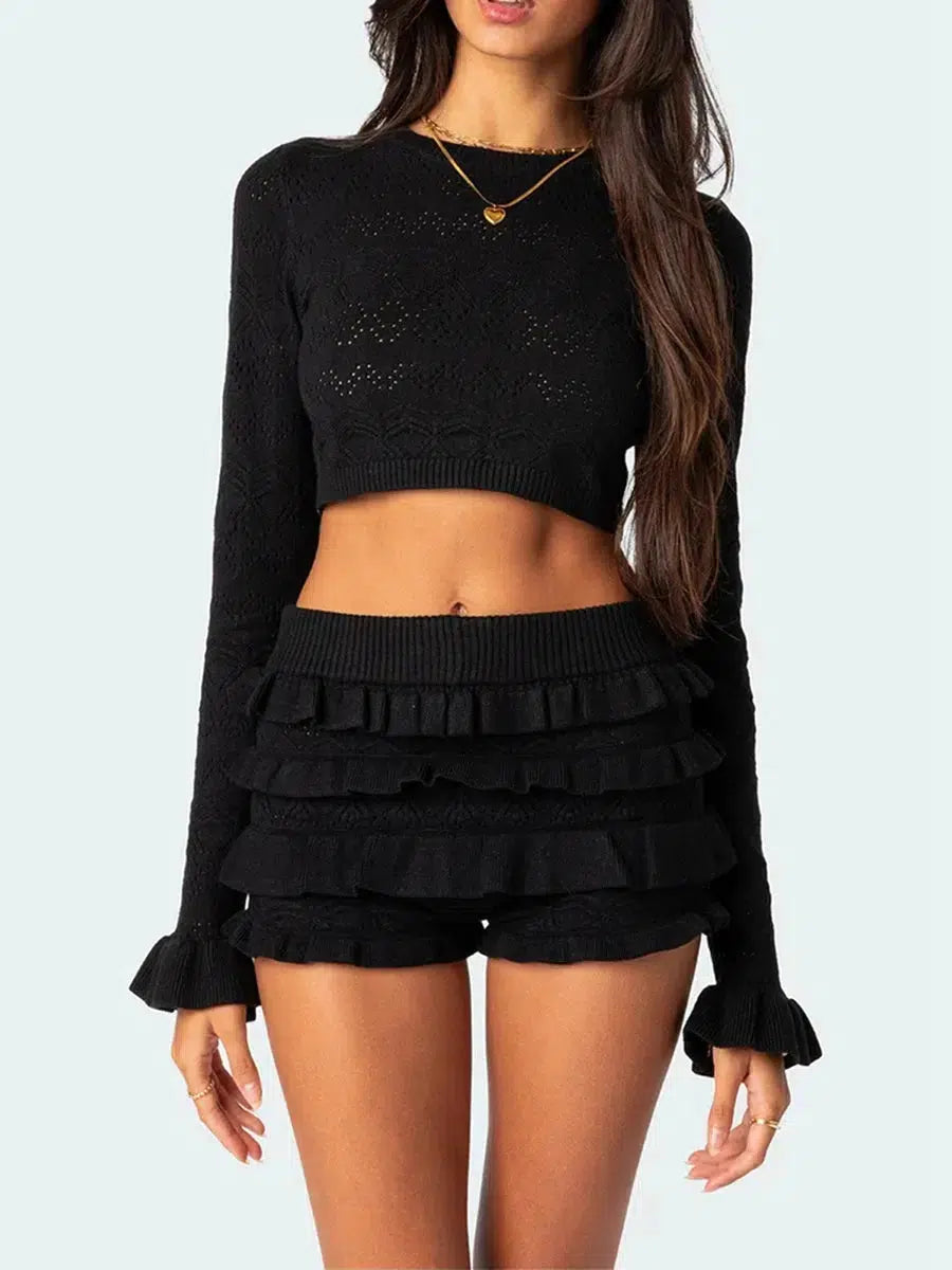 Knitted Crop Top & Ruffled Shorts Two Piece Set