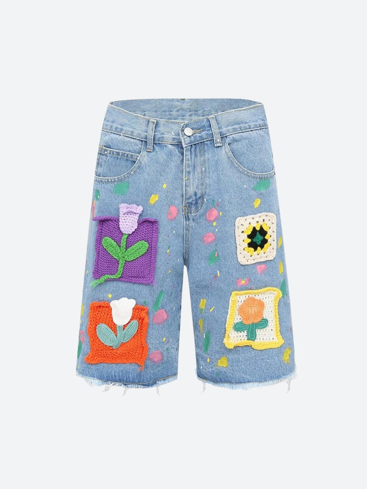 Knitted Flower Patch Denim Shorts