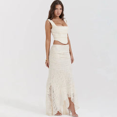 Lace Corset & Asymmetric Midi Skirt Two Piece Set