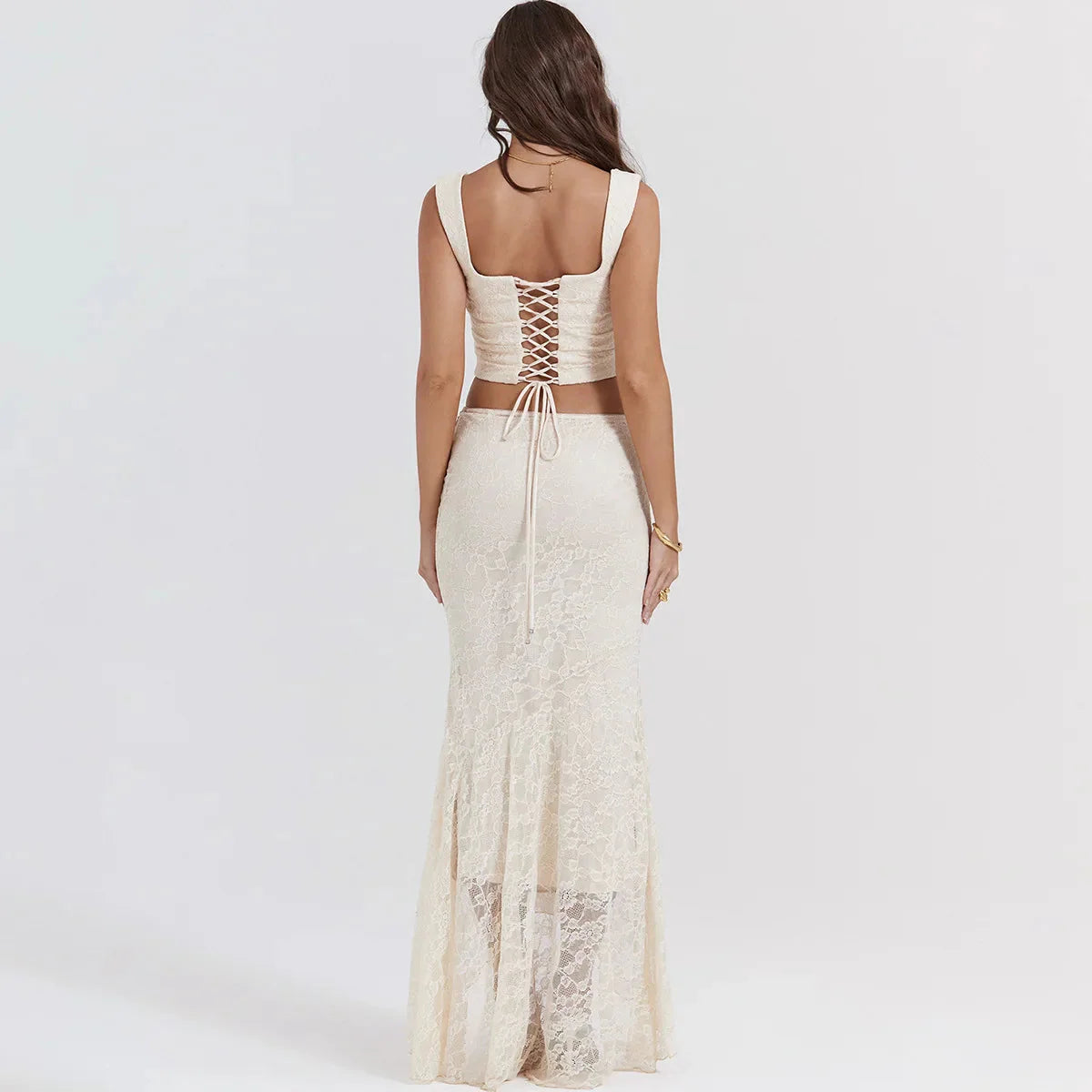 Lace Corset & Asymmetric Midi Skirt Two Piece Set