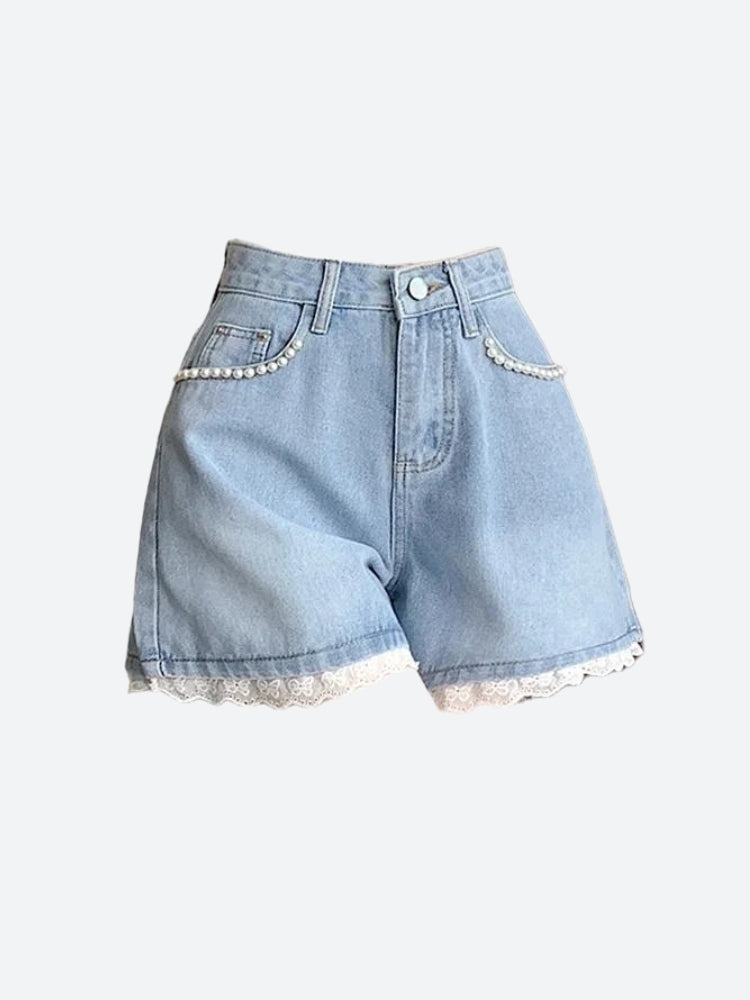 Lace Wide Leg Denim Shorts