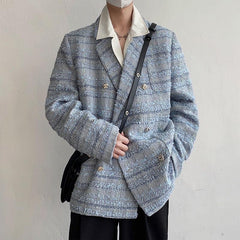 Lapel Collar Blue Tweed Blazer