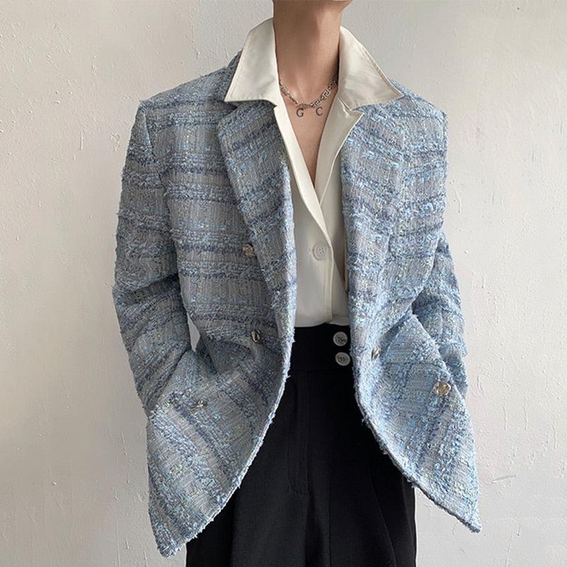 Lapel Collar Blue Tweed Blazer