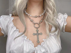 Faux pearl 2 pcs cross pendant choker necklace