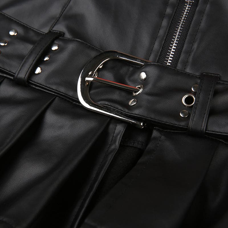 Buckle zip-up pleated low rise PU leather mini skirt