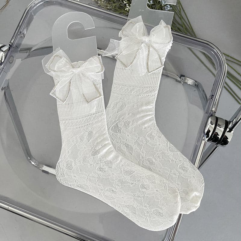 Gauze lace bowknot solid long socks