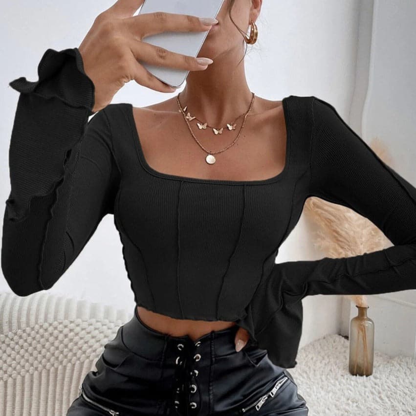 Flared sleeve ruffle stitch open tie back ribbed crop top