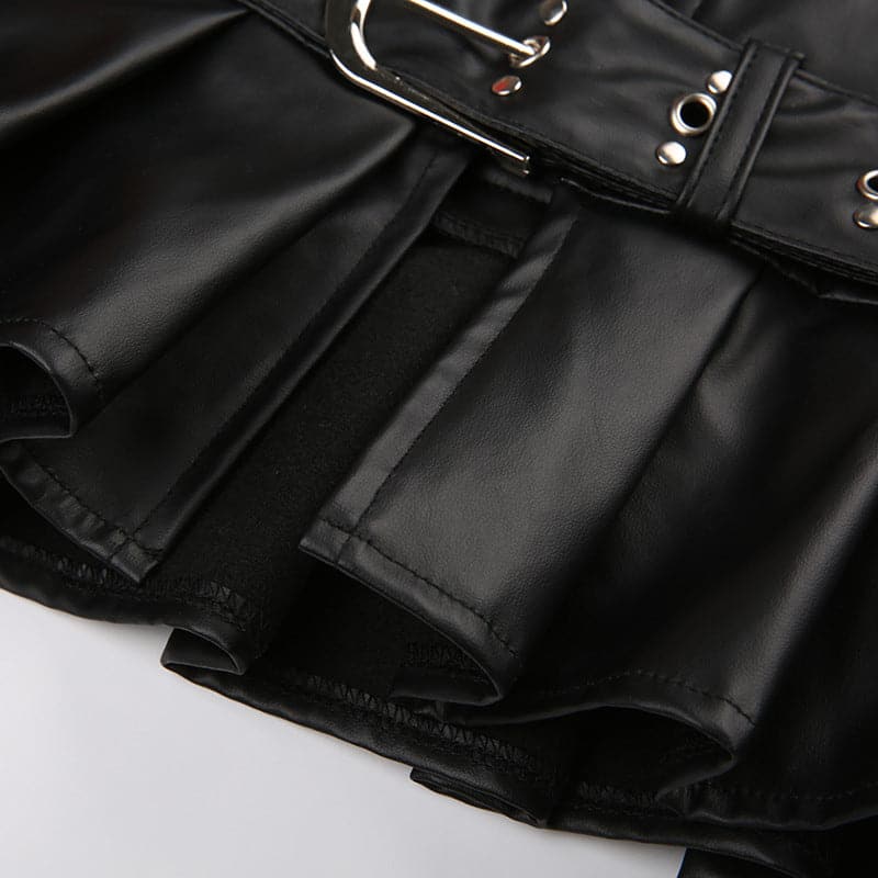 Buckle zip-up pleated low rise PU leather mini skirt