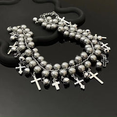 Faux pearl cross layered choker necklace