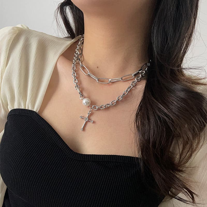 Cross faux pearl layered chain choker necklace