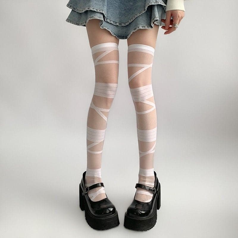 Bandage detail sheer mesh thigh high socks