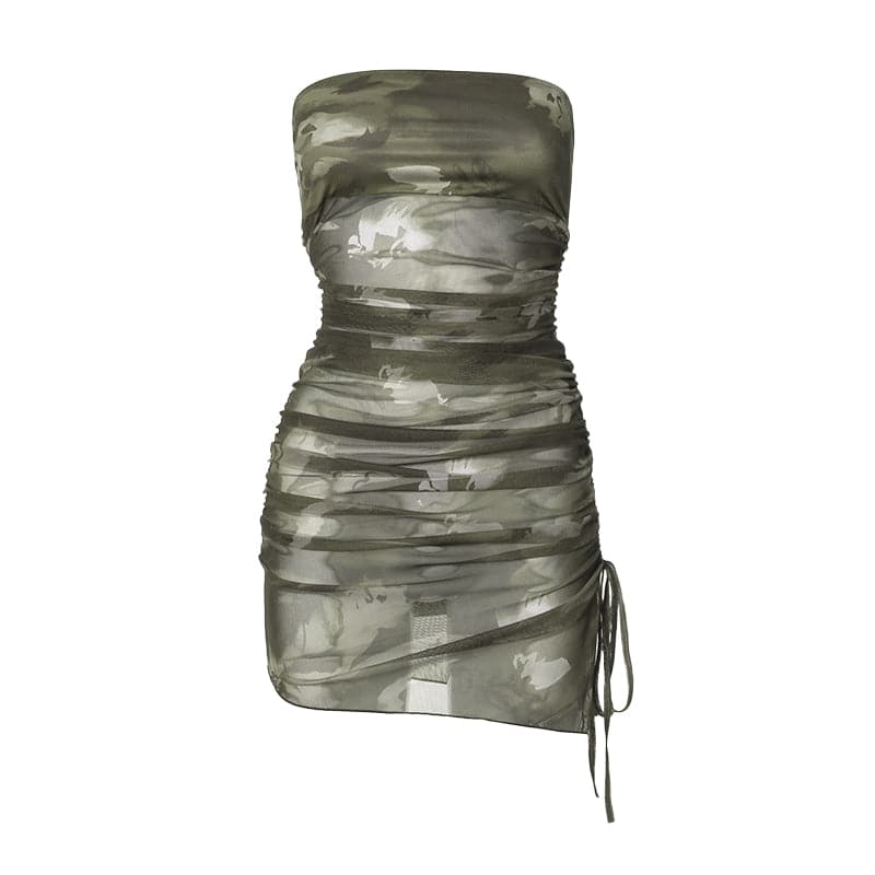 Drawstring tie dye mesh ruched tube mini dress