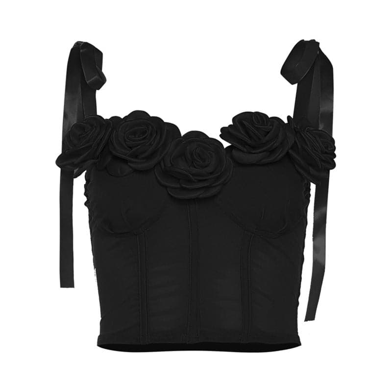 Mesh solid flower applique self tie backless bustier crop top