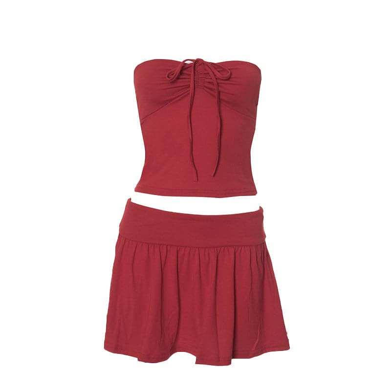 Drawstring ruched 2-way mini skirt set