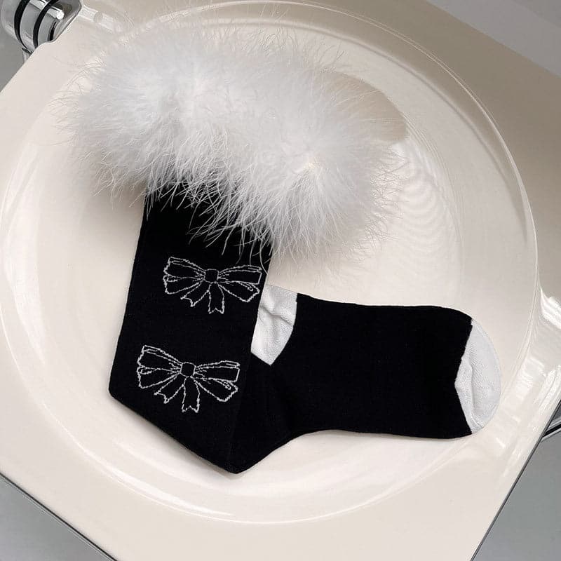 Feather lace bowknot pattern knee high socks