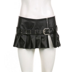 Buckle zip-up pleated low rise PU leather mini skirt