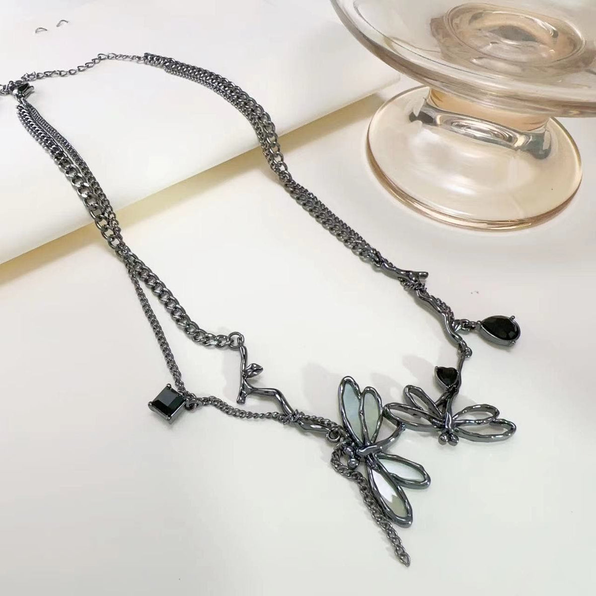 Dragonfly black rhinestone necklace