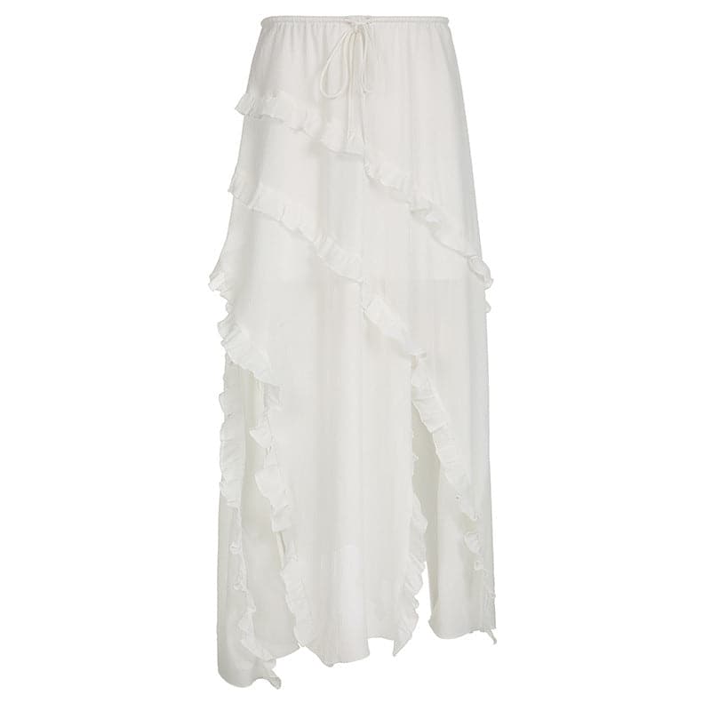 Drawstring ruffle slit irregular solid maxi skirt